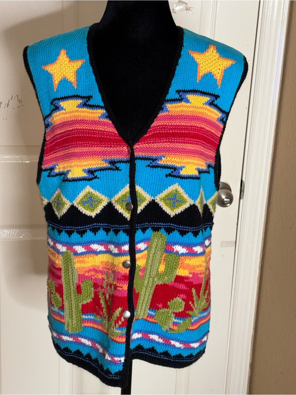 Vintage Susan Bristol 90s Sweater Vest Cactus Desert Aztec Hand Knit L Rare!